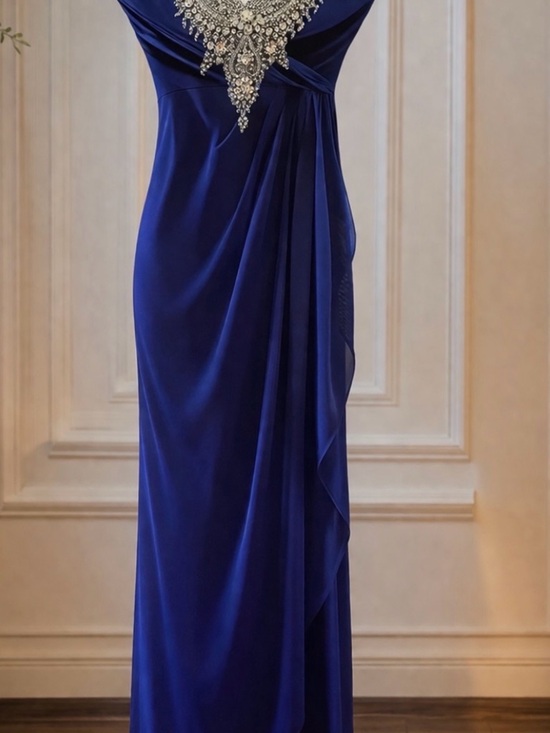 Xscape Dresses & Skirts - Xscape Royal Blue Beaded beaded neckline draped waist Maxi Gown SZ8